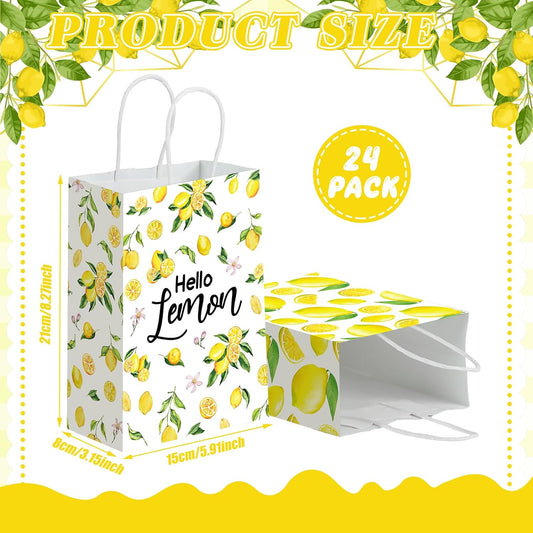 24 Pcs Lemon Gift Bags Small Yellow Lemon Party Favor Bags Summer Fruit Paper Goodie Bag with Handle Treat Candy Bag for Baby Shower Wedding Birthday Summer Party, 5.91 x 3.15 x 8.27 Inch