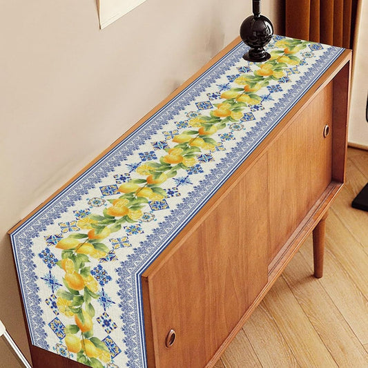 Lemon Tiles Table Runner, Summer Fruit Yellow Lemon Mediterranean Ceramic Watercolor Farmhouse Table Runner for Coffee Table Home Party Kitchen Dining Table Wedding Party Decor 13x36 inches