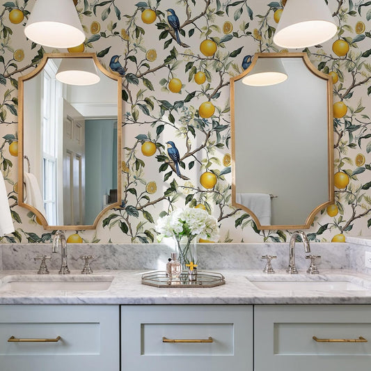 Vintage Bird Floral Wallpaper Self Adhesive Peel and Stick Watercolor Whimsical Lemon Tree Botanical Leaf Paper Removable Waterproof for Bedroom Renter Friendly 17.71"x118.1"