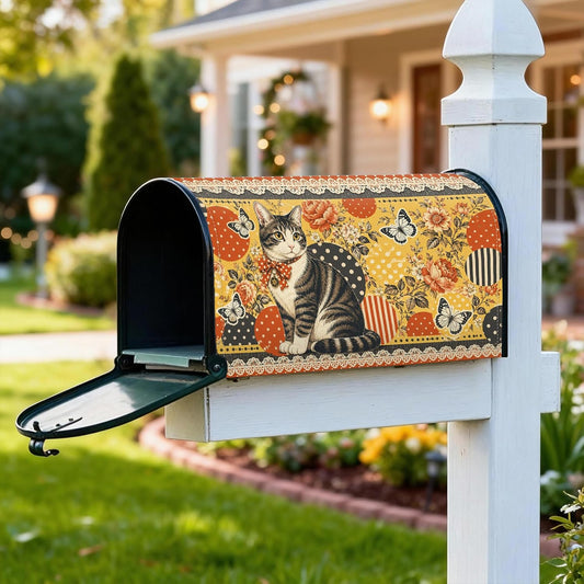 Cat Magnetic Mailbox Covers, Vintage Rustic Flowers Butterflies Fall Yellow Mailbox Skin for Garden Yard Decor 18x21 Inch