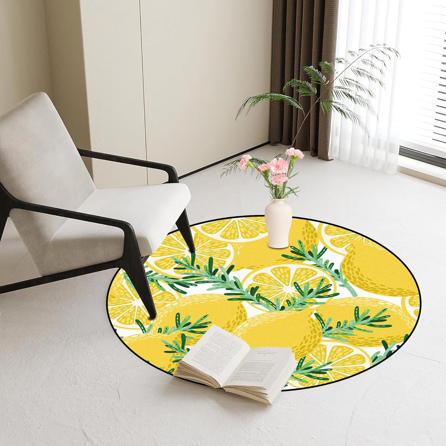 Round Lemon Rug Yellow Circle Rugs for Bedroom Dorm Living Room Lemon Tree Area Rug Floor Mat Pad Doormat Carpet, 3'X3'(90x90cm)