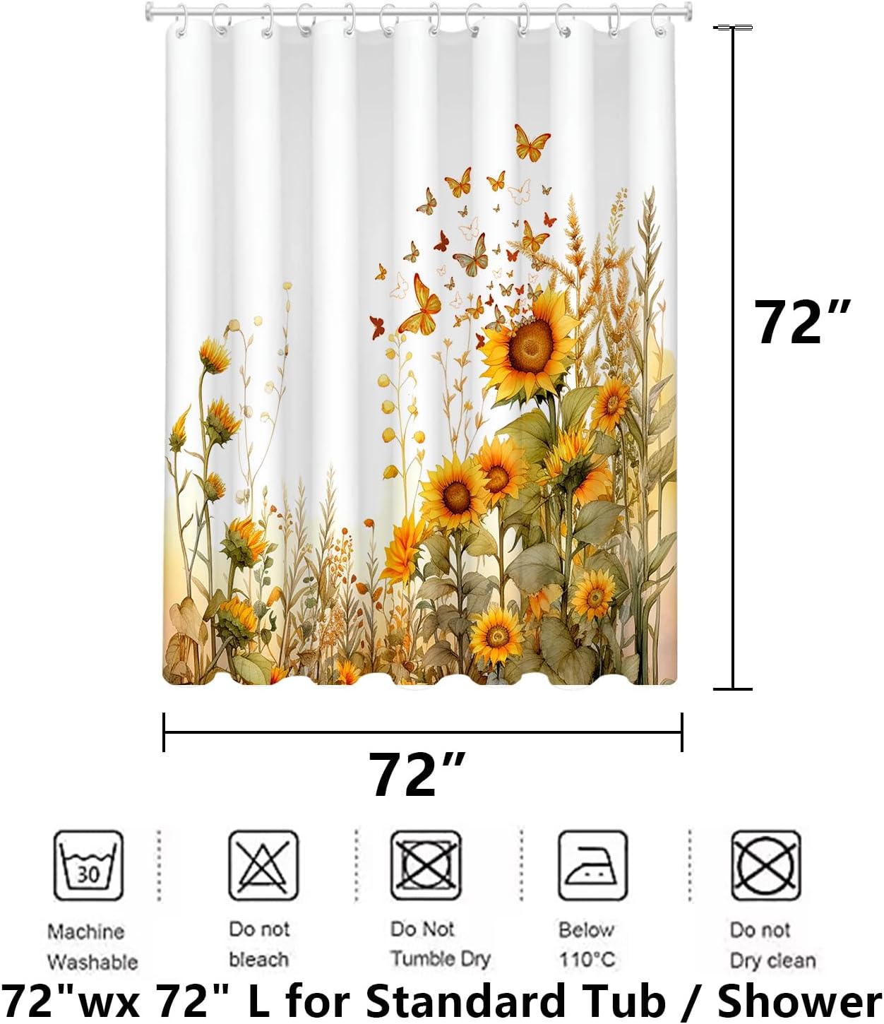 Butterfly Sunflower Shower Curtain, 72"x72" | Farmhouse Bathroom Decor, Rustic Floral Fabric, Waterproof, Set with 12 Hooks 72"x72"