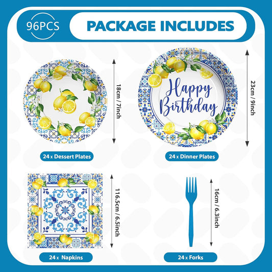 Greencian 96Pcs Capri Lemon Fruit Party Decorations Baby Shower Serves 24 | Blue Tiles Yellow Lemon Plates Napkins Tableware Sets Summer Citrus Fruit Birthday Party Supplies for Italy Family Gathering