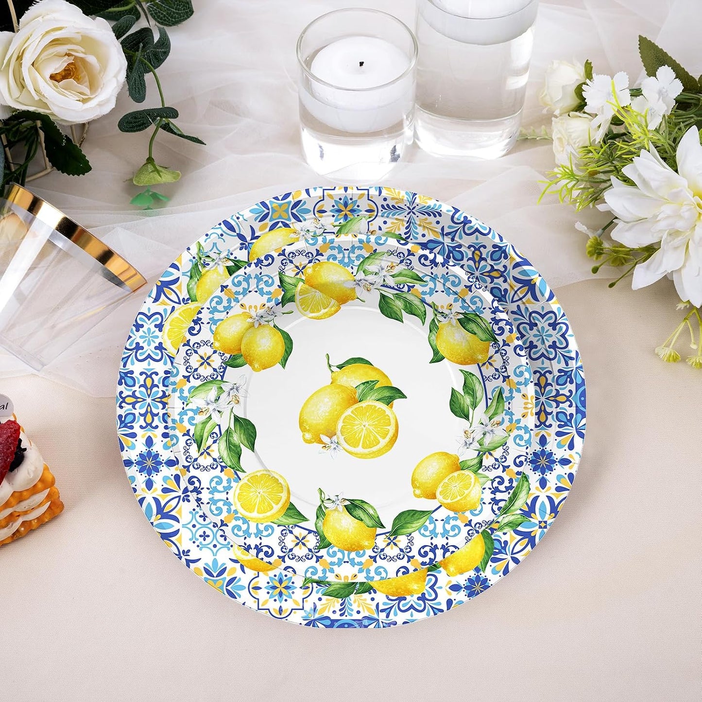 Greencian 96Pcs Capri Lemon Fruit Party Decorations Baby Shower Serves 24 | Blue Tiles Yellow Lemon Plates Napkins Tableware Sets Summer Citrus Fruit Birthday Party Supplies for Italy Family Gathering