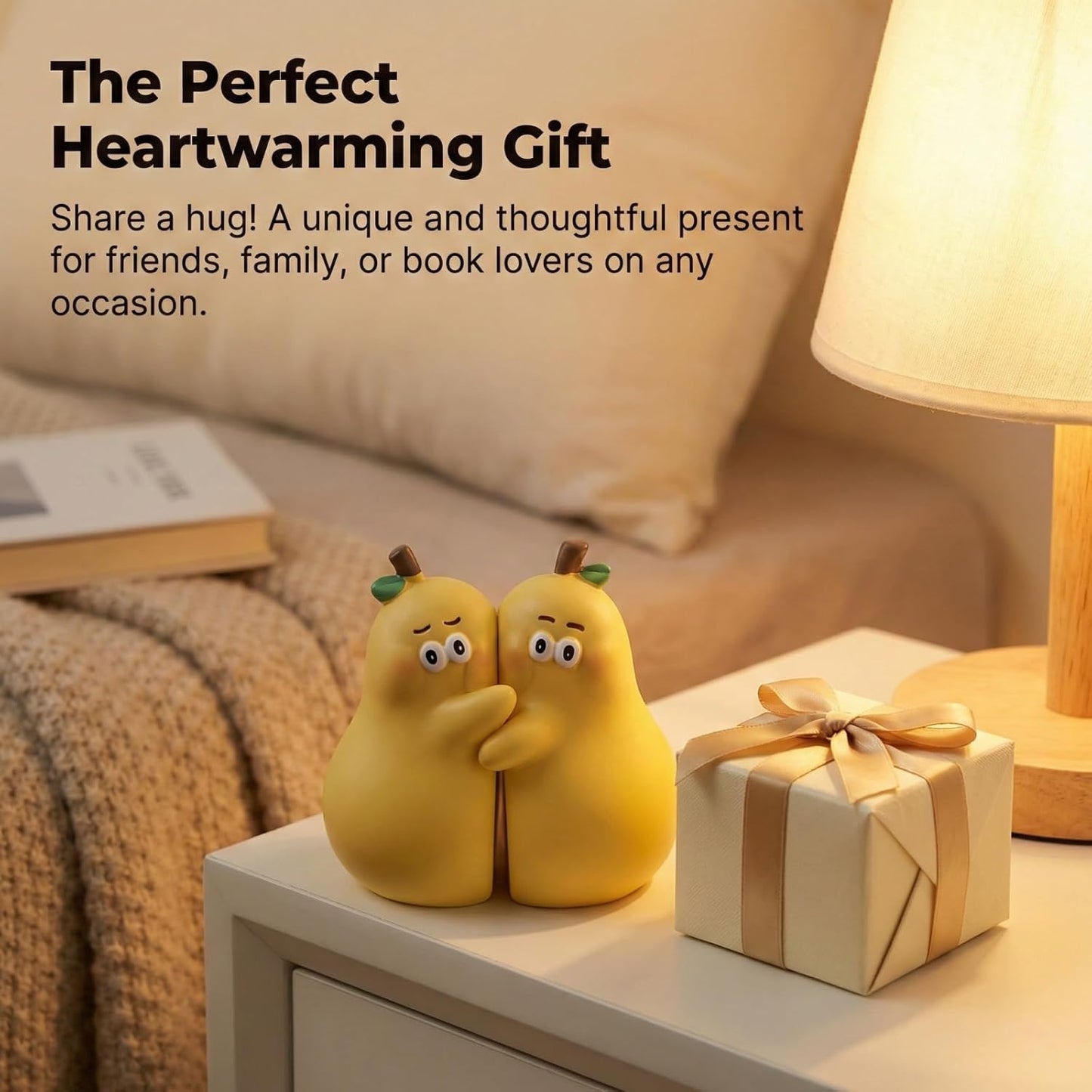 Cute Bookends - Resin Hugging Pear Statue, Unique Book Stopper for Shelves, Desk & Kids Room - Yellow