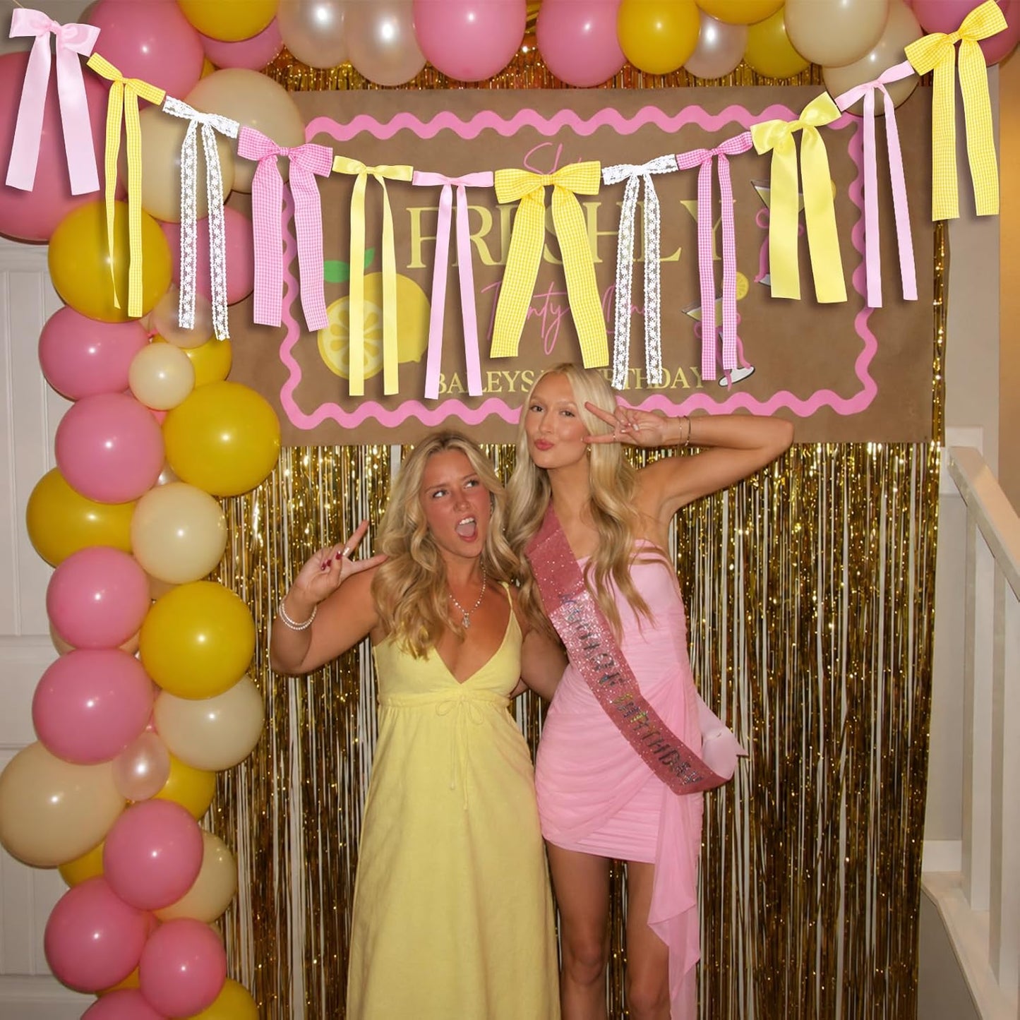 Pink Lemon Yellow Ribbon Bow Garland Pink Yellow Gingham Bow Banner | With Lace Bows, for Lemon Party Decortions, Lemonade Stand Decor, Summer Lemon Birthday, She's Freshly Graduated Party