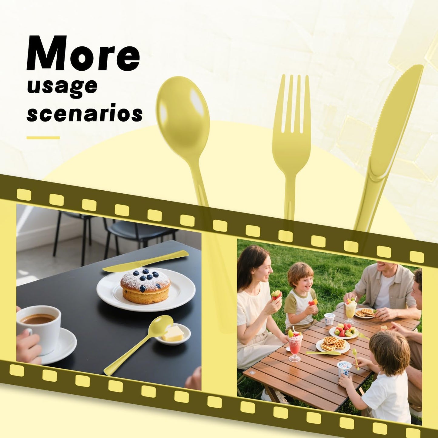 Plastic Silverware 300 PCS Disposable Silverware Heavy Duty Utensil Sets 100 Of Each Forks Knives & Spoons Disposable Cutlery Set For Easter,Birthday,Baby Shower,Garden Party,Wedding(300,Light Yellow)