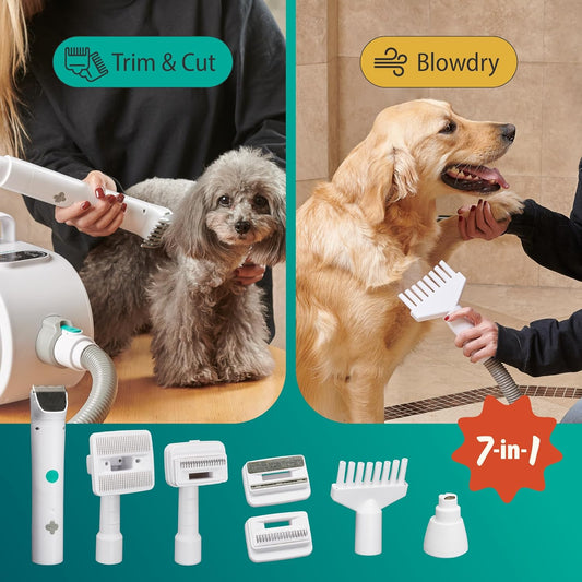 Dog Grooming Kit β Pet Clippers, Nail Grinder & Blow Dryer with Quiet 3-Speed Suction, 3 Heat Settings, 2.6L Dog Hair Vacuum Dust Bin, HEPA System, Self-Cleaning Brushes
