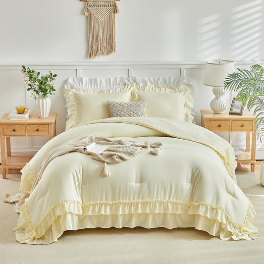 Yellow Ruffle Comforter Set Full/Queen Size, 3 Pieces Vintage Farmhouse Shabby Chic Comforters, Solid Color Lightweight Soft Fluffy Bedding Sets for All Season (1 Ruffled Comforter + 2 Pillow Shams)