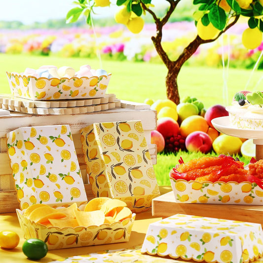 50 Pcs Lemon Paper Food Trays Disposable Fruit Plates Food Boat Snack Hot Dog Nacho Trays for Berry Lemon First Birthday Baby Shower Party Decoration Supplies Favor