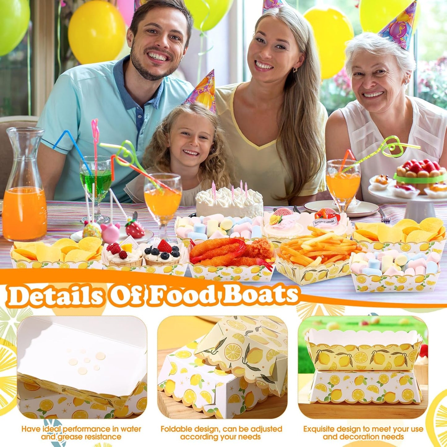 50 Pcs Lemon Paper Food Trays Disposable Fruit Plates Food Boat Snack Hot Dog Nacho Trays for Berry Lemon First Birthday Baby Shower Party Decoration Supplies Favor