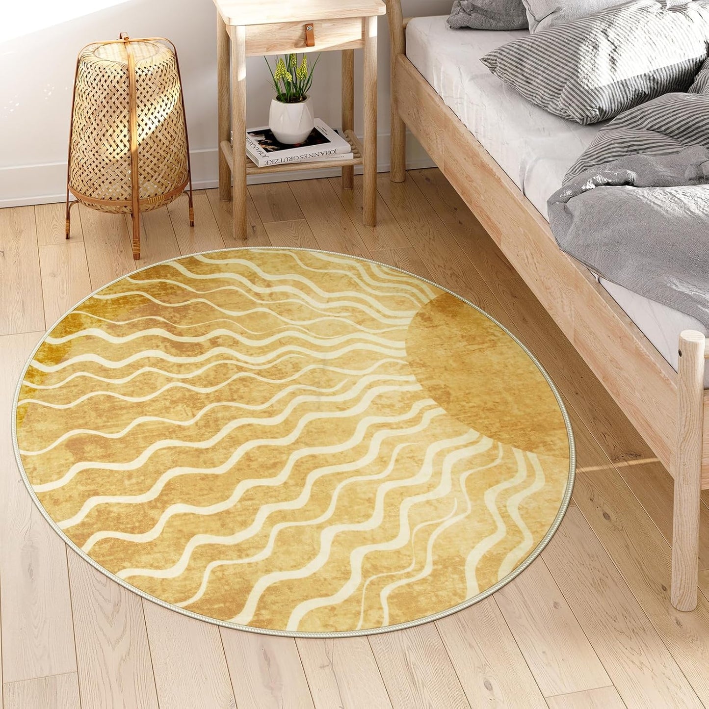 Sun Round Rug 4ft, Boho Soft Circle Rug for Kids Playroom Nursery, Gradient Yellow Washable Round Carpet for Bedroom Non-Slip Circle Carpet for Living Room Classroom