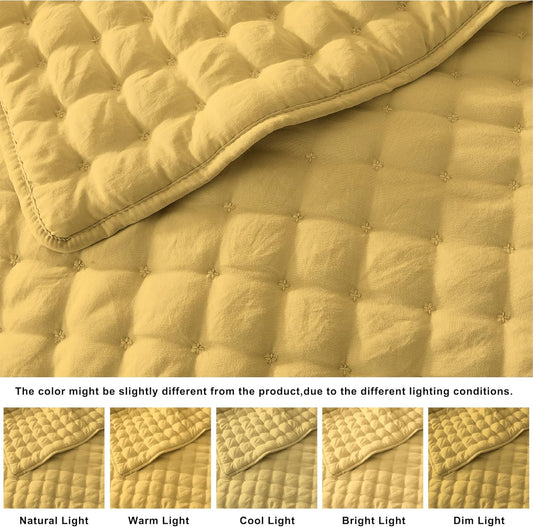 Queen Size Quilts Bedding Sets with 2 Pillow Shams, Lightweight Soft Bedspread Coverlet, Quilted Blanket Thin Comforter Bed Cover for All Season, 3 Pieces, 90x90 inches, Yellow