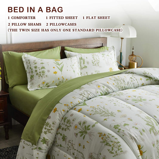 7 Piece Botanical Bed in a Bag Queen, Green Leaves Yellow Flower on Green Tint, Smooth Soft Microfiber Comforter Sheet Set for All Season
