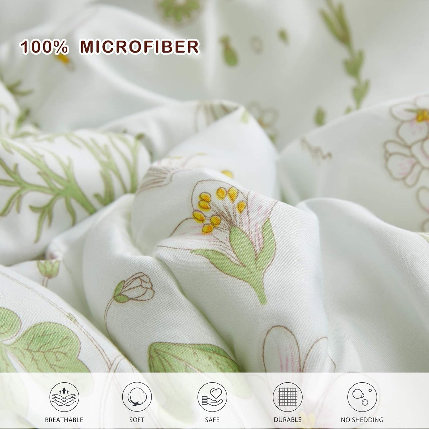 7 Piece Botanical Bed in a Bag Queen, Green Leaves Yellow Flower on Green Tint, Smooth Soft Microfiber Comforter Sheet Set for All Season