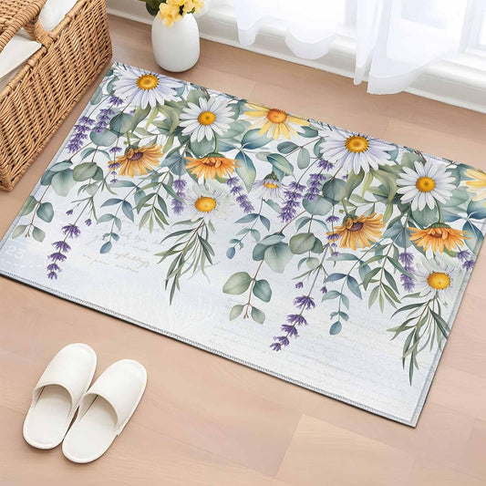 White Yellow Daisy 2x3 Area Rugs for Living Room, Eucalyptus Leaves Lavender Spring Light Blue Non Slip Floor Mat Washable Low-Profile Indoor Carpet for Bedroom, Dining Room, Bathroom