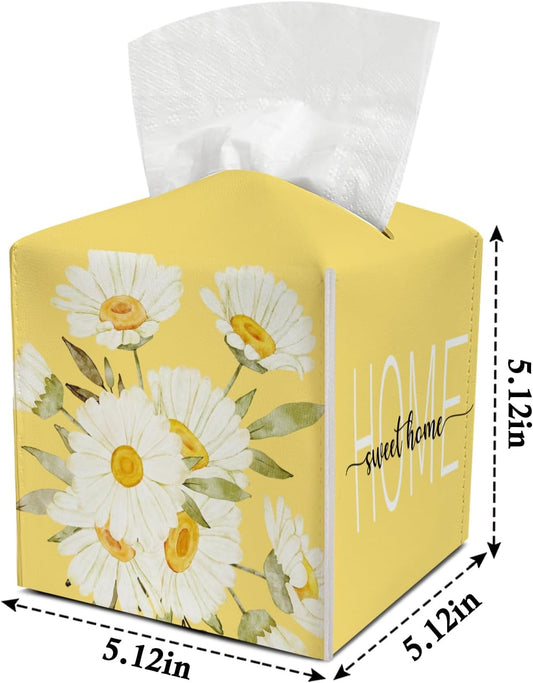 Daisy Leather Tissue Holder with Bottom Belt Ideal for Women Housewarming Gift Yellow Floral Tissue Box Cover Bathroom Car Nightstand Vanity Kitchen Decor Waterproof Napkin Organizer Dispenser - FS705