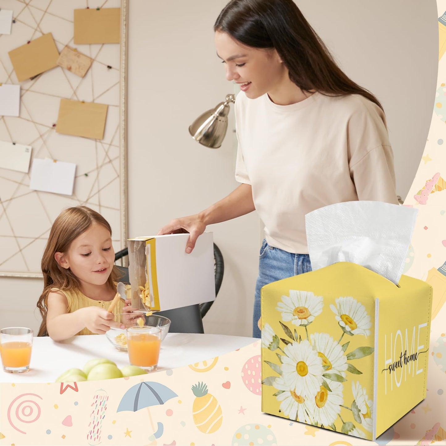 Daisy Leather Tissue Holder with Bottom Belt Ideal for Women Housewarming Gift Yellow Floral Tissue Box Cover Bathroom Car Nightstand Vanity Kitchen Decor Waterproof Napkin Organizer Dispenser - FS705