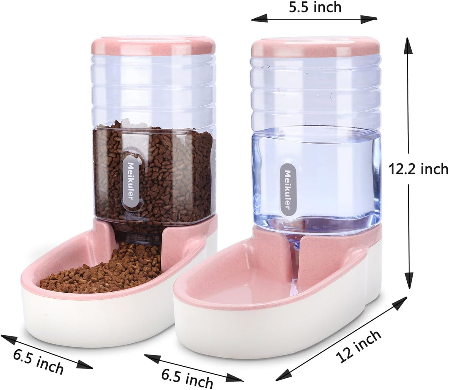 Automatic Dog Cat Feeder and Water Dispenser Set,Waterer and Gravity Food Feeder for Small & Medium Dogs Cats Puppies,Large Capacity 1 Gallon x 2(Pink)