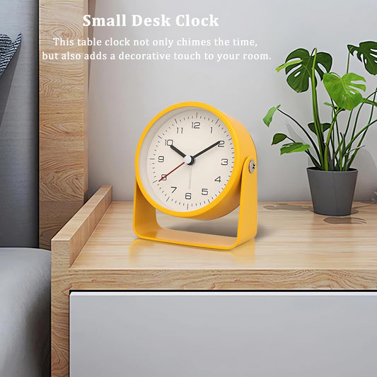 3" Analog Alarm Clock - Silent Non Ticking Small Clock, Rotatable Stand Metal Desk Clock, Simple Design for Living Room Decor/Bedroom/Bedside/Shelf (Yellow)