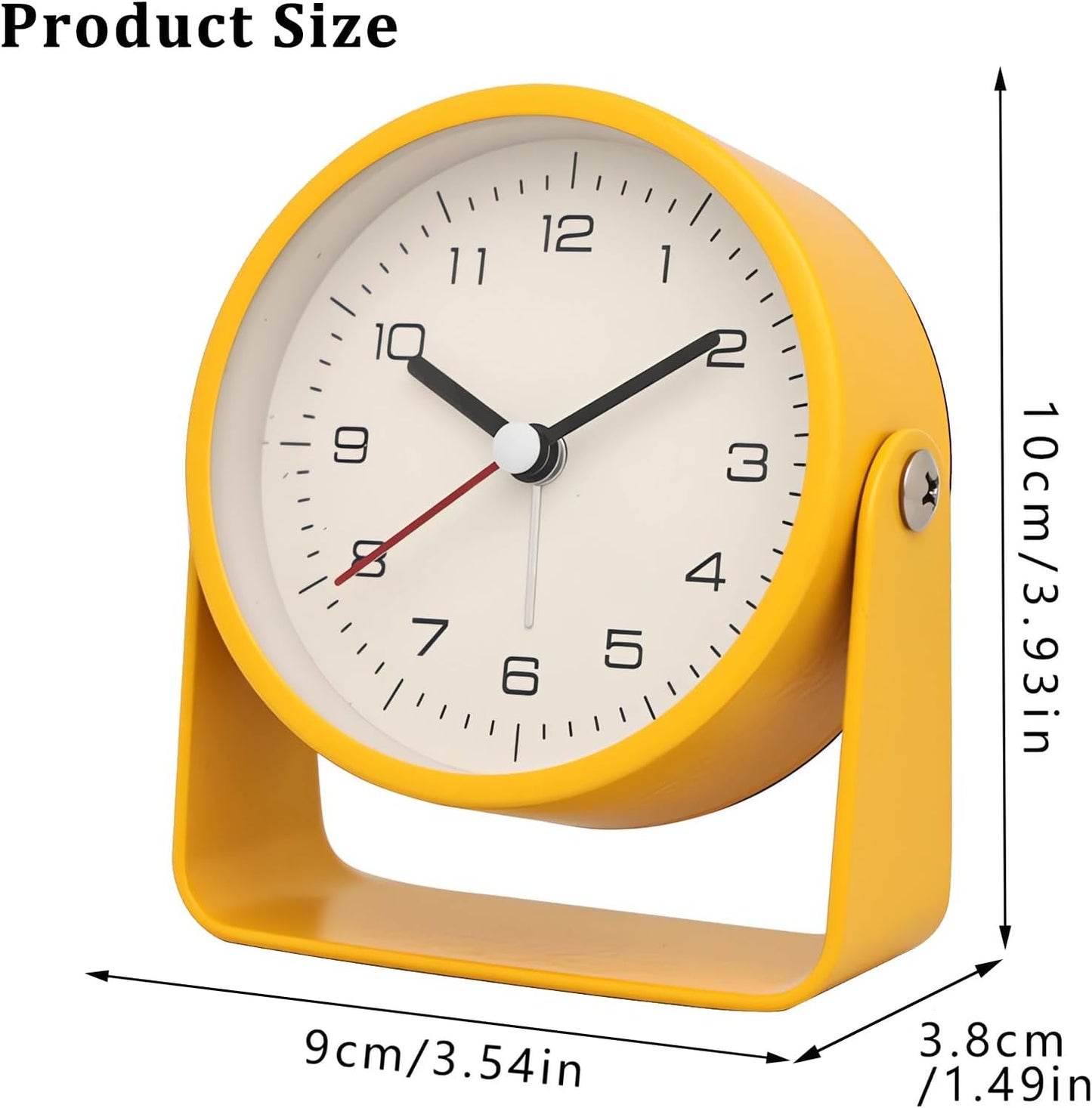 3" Analog Alarm Clock - Silent Non Ticking Small Clock, Rotatable Stand Metal Desk Clock, Simple Design for Living Room Decor/Bedroom/Bedside/Shelf (Yellow)