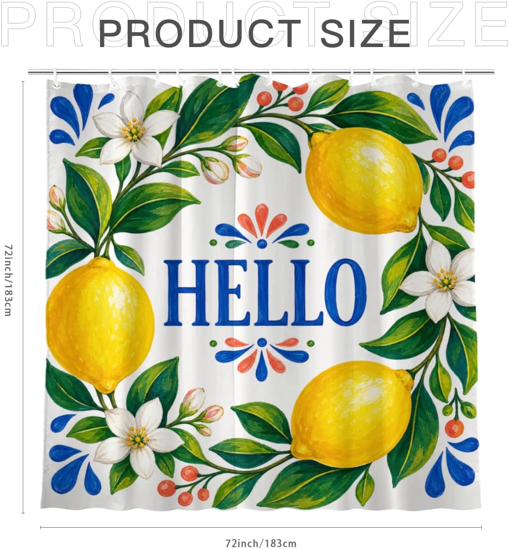 Lemon Greeting Shower Curtain with 12 Hooks Polyester Citrus Floral