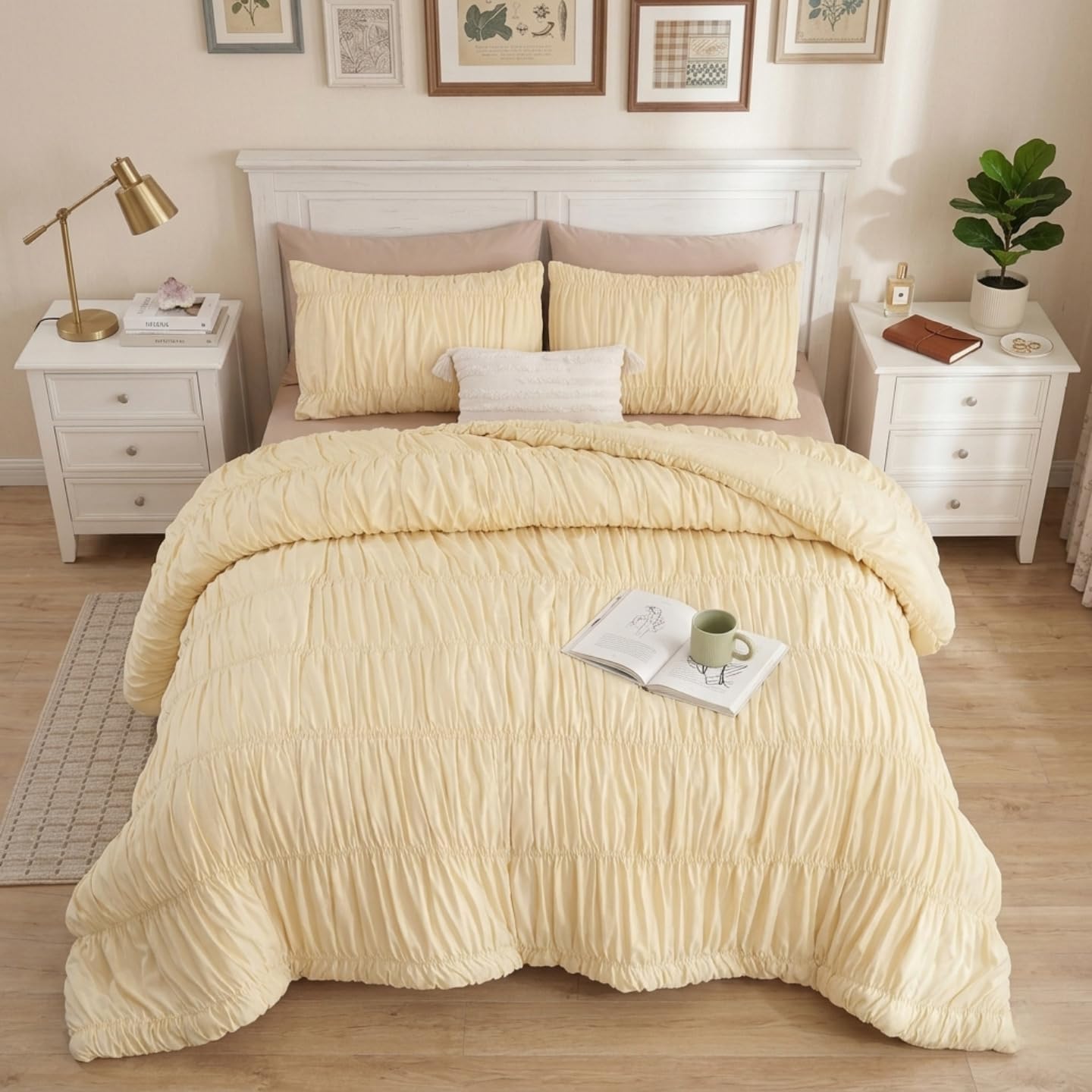 Cinched Comforter Set Queen – Soft Ruched Bedding Set, 3PCS Light Yellow All-Season Fluffy Lightweight Comforter with Pillowcases for Bedroom, Apartment & Dorm Decor
