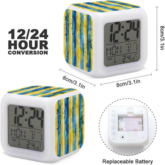 LED Digital Alarm Clock with 7 Color Changing Night Light | Yellow And Blue Pattern, Multi-functional Calendar Temperature Time Date Display, Wake up Clock for Bedroom Bedside Decor