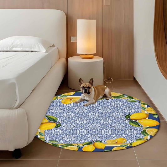 Round Rugs 3ft, Blue Yellow Lemon Area Rugs for Living Room Washable Rug, Summer Country Fruits Italian Style Non Slip Low Pile Indoor Carpet Circle Rug for Entryway Bedroom Bathroom Kitchen