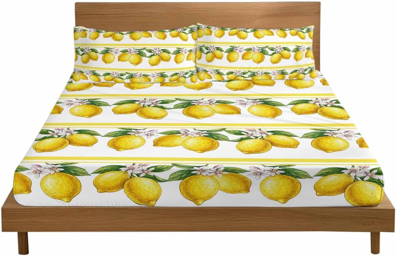 3 Pieces Twin Fitted Sheet Set, Summer Lemon Flower Leaf Deep Pocket Up to 16", Yellow Fruit Minimalist Stripe Soft Elastic Bed Sheets and Pillow Cases Secure Fit