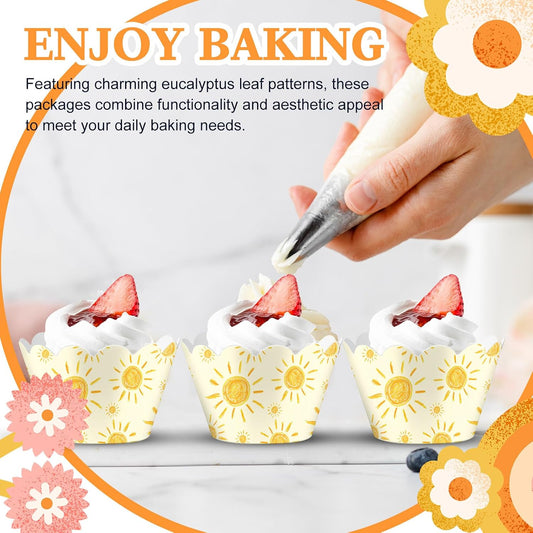 100 Pcs Bohemian Sun Cupcake Wrappers Rustic Yellow Sunshine Cupcake Liners Baking Cups Baking Liners for Summer Picnic Wedding Bridal Baby Shower Birthday Party Supplies Dessert Decoration