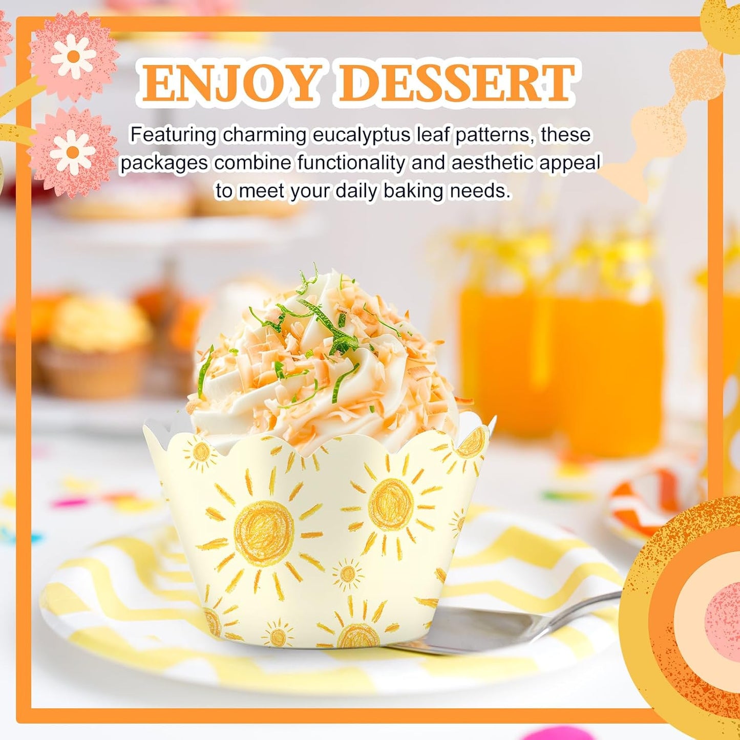 100 Pcs Bohemian Sun Cupcake Wrappers Rustic Yellow Sunshine Cupcake Liners Baking Cups Baking Liners for Summer Picnic Wedding Bridal Baby Shower Birthday Party Supplies Dessert Decoration