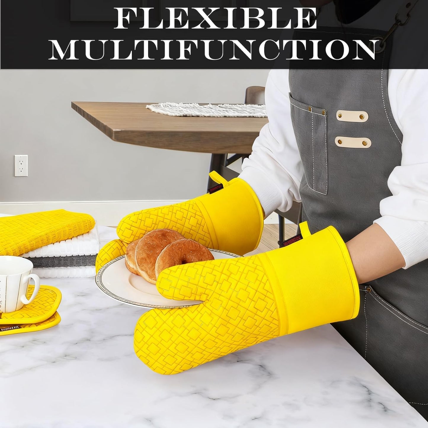 and Pot Holders Sets 6pcs, Kitchen Oven Glove,High Heat Resistant 550 Degree Extra Long and Potholders with Non-Slip Silicone Surface for Home Essentials (Grey) (Yellow)