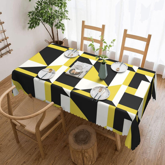 Stripes Triangle Prints Rectangular Tablecloth, Black and Yellow Shape 54x72 Inch Wavy Lace Border Polyester Table Cloth for Dining, Kitchen, Parties
