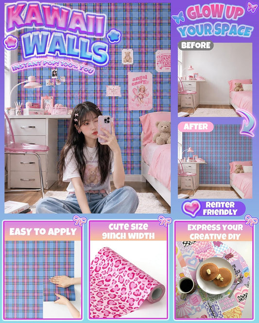 Pink Yellow Striped Peel and Stick Wallpaper Kawaii Cute Decor 9inΓ19.7ft | Removable Contact Paper for Walls, Cabinets, Renter Friendly, Ribbon, Dorm Decor, Made in Japan, EASYWALLTAPE EWP27
