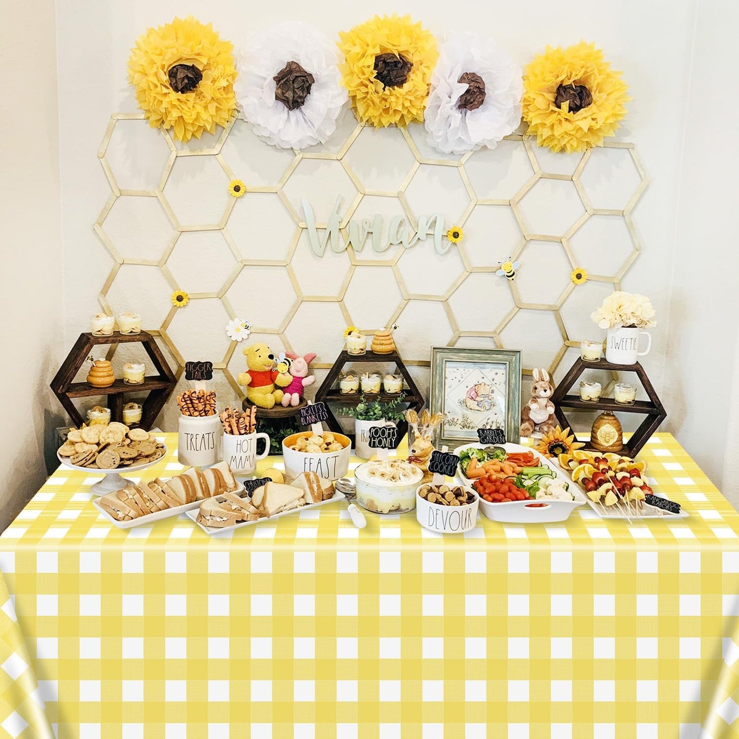 4 Pack Light Yellow Gingham Tablecloths, Yellow and White Checkered Tablecloths 86.6 x 51.2 Inches Rectangular Waterproof Picnic Table Covers for Birthday Party Holiday Outdoor Supplies