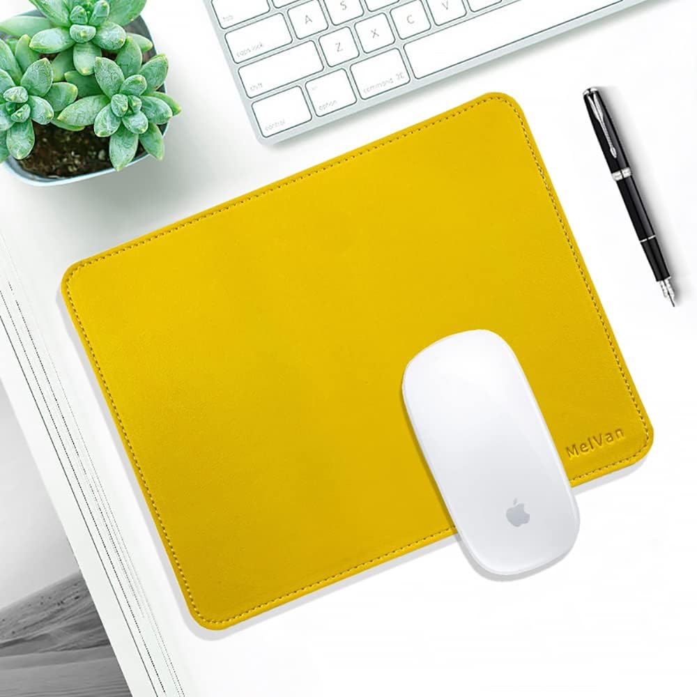 PU Leather Mouse Pad with Stitched Edge, Wood Mousepad, Waterproof Gaming Mouse Pad Mat for Computers, Laptop, Office & Home, 10.2" x 8.3", 1 Pack (Yellow)