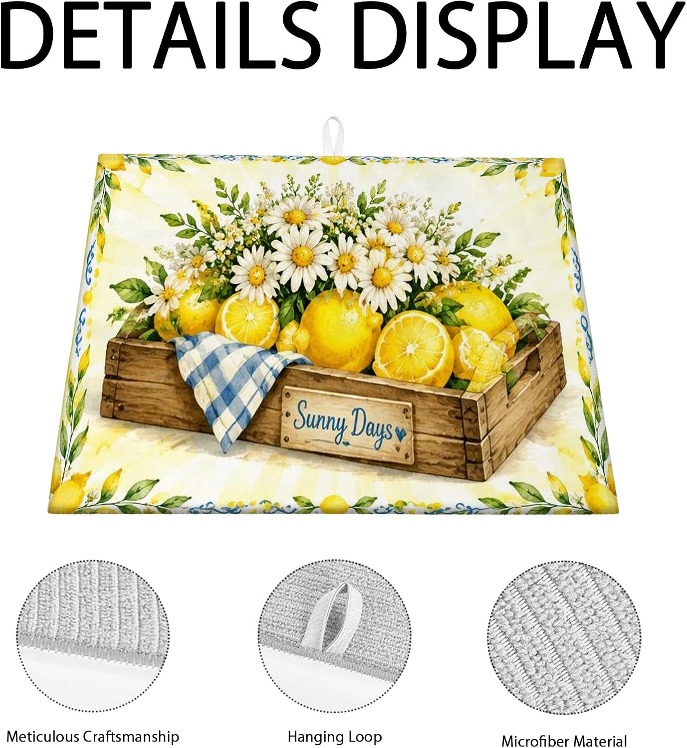 Sunny Days Lemon Dish Drying Mats for Kitchen Counter, Bright Yellow Absorbent Dish Drainer Rack Mat, Summer Rustic Microfiber Drying Pad 18x24 Inch