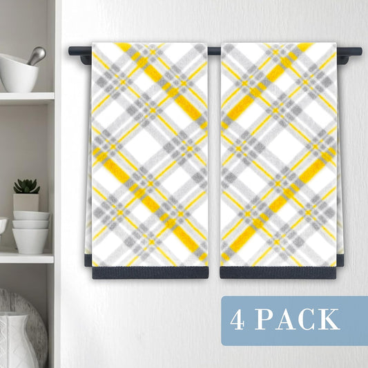 Yellow Hand Towels for Bathroom (15"x25", 4 Pack) - 100% Cotton | Light | Soft | Absorbent | 400 GSM | Fluffy, Checkered Hand Towels for Showering & Guest Use, Yellow and Gray Gingham Print