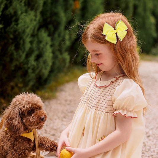 Yellow Hair Bow Clips, Grosgrain Ribbon hairpins with Wavy Edge, 4 Inch Handmade Hair Accessories for Girls