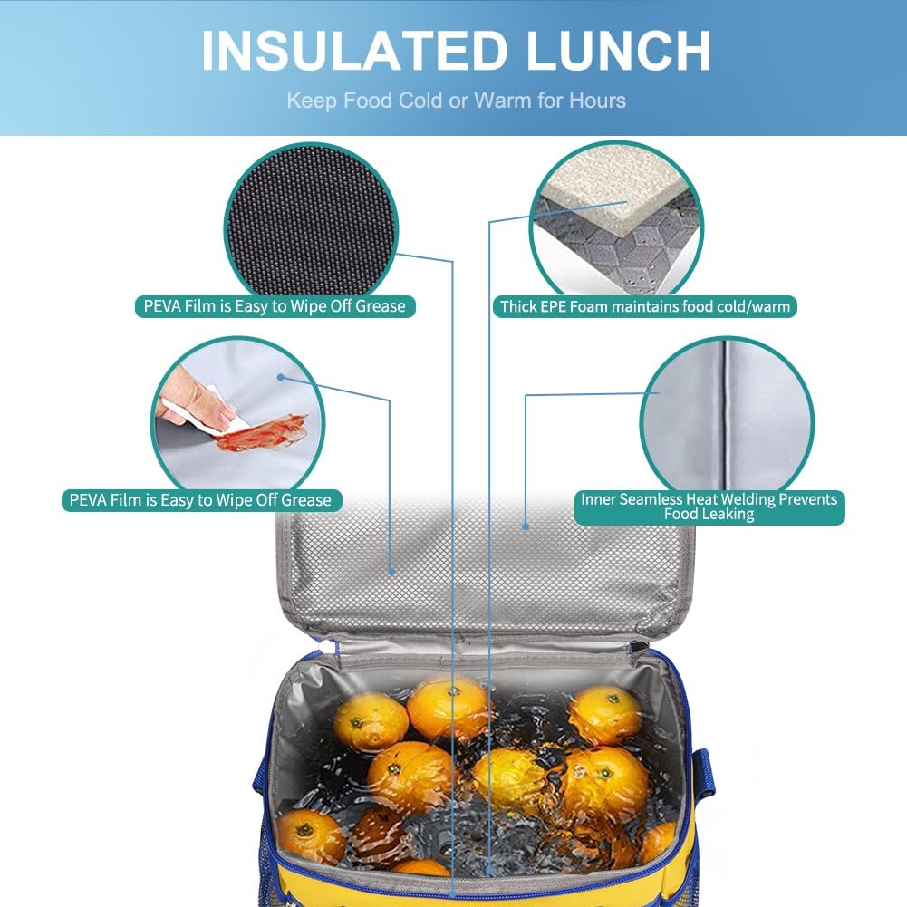 8.5L Insulated Lunch Bag, Leakproof Cooler Tote for Men&Women Yellow | 600D oxford fabric, PEVA liner, wide opening, zipper pocket, side mesh pockets, detachable strap, office, travel, picnic