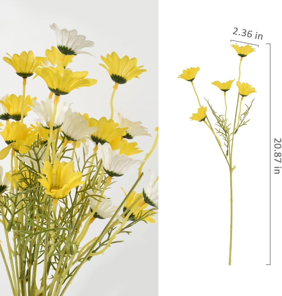 6PCS Artificial Daisy Flowers 21” Fake Daisy Flowers with Leaves Stems for Home Decor (White+Yellow)