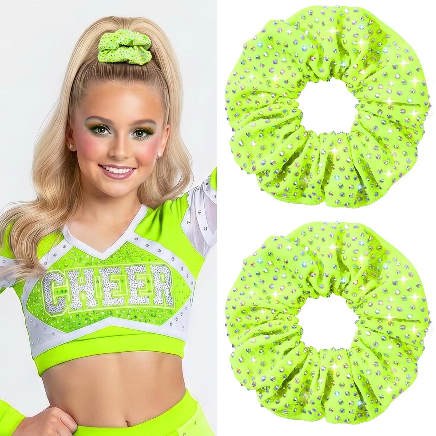 Glitter Neon Yellow Rhinestone Scrunchies for Cheer Competition Sparkly Cheerleading Scrunchie Hair Accessories Elastic Band for Cheerleaders Girls (Neon)