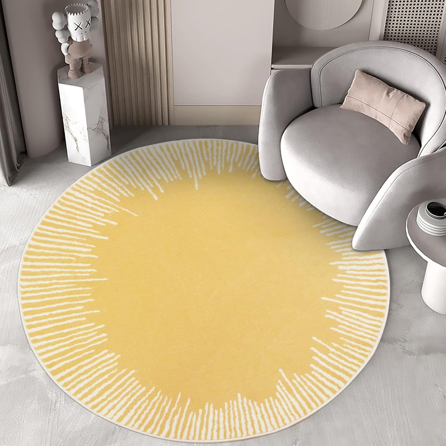 Modern Area Rug - Abstract Geometric Design, 4ft Round, Nonslip, Washable, Suitable for Bedroom, Kids, Living Room, Indoor/Outdoor, Yellow