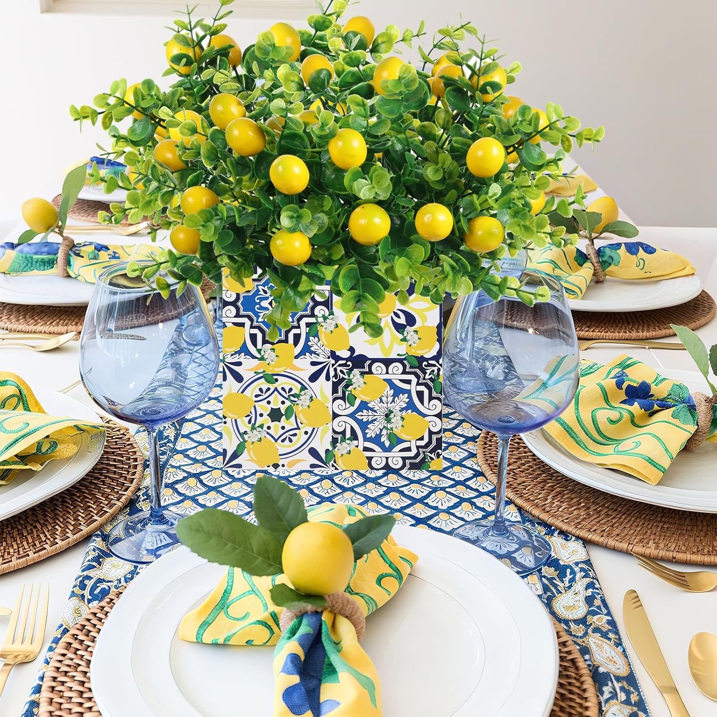 4 Sets Blue Tiles Lemon Table Centerpiece Decor Box and 16 Artificial Lemon Branches Amalfi Coast Capri Positano Lemon Party Supplies for Capri Mediterranean Wedding Birthday Baby Shower Party Decor