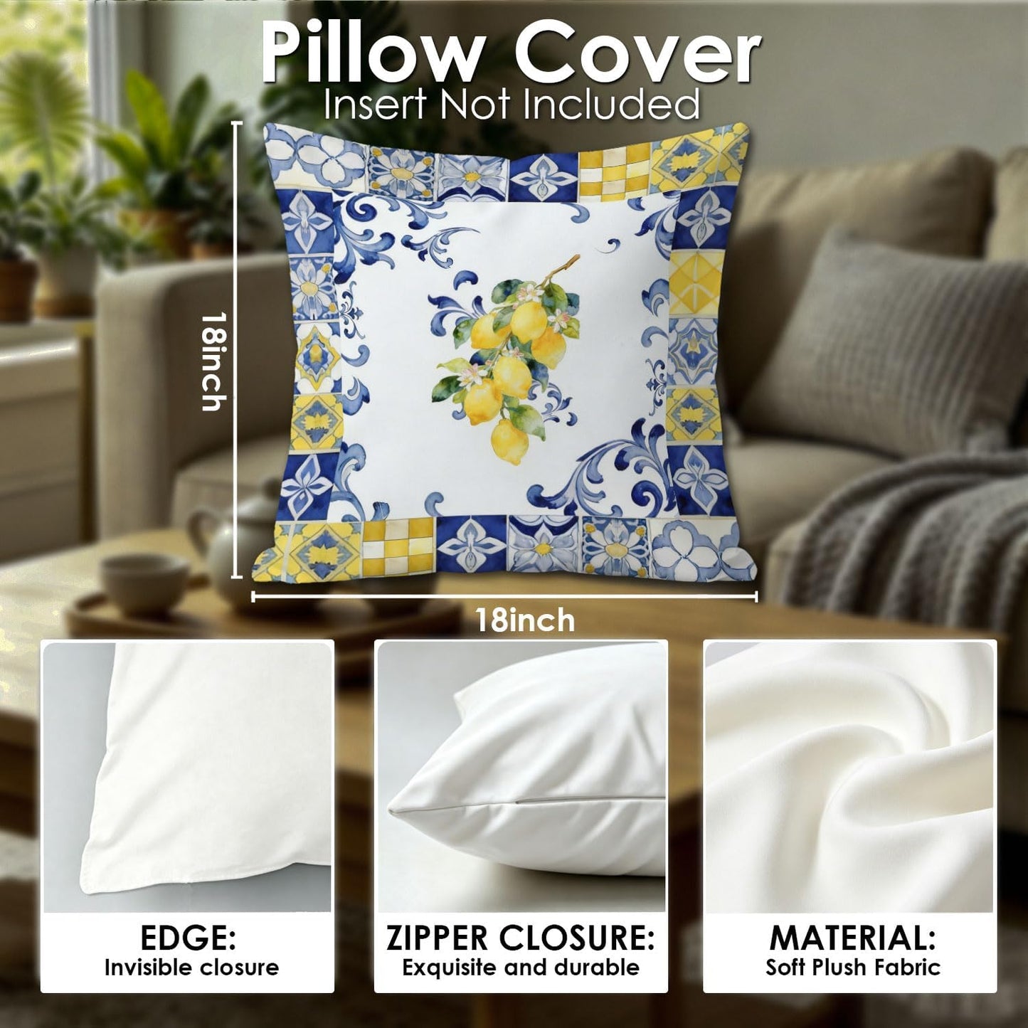 Italian Floral Lemon Pillow Covers 18x18, Blue and Yellow Tiles Summer Mediterranean Lemon Botanical Decorative Throw Pillow Cover for Bedroom Living Room Home, Set of 2