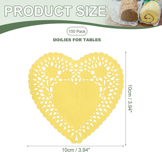 Paper Doilies, Heart Paper Lace Doilies Disposable Placemats Modern Tableware Decorative Bulk -Fitting for (Cakes/Desserts/Baked Grilled Fried Food) 4 Inch & 100 Pack & Yellow