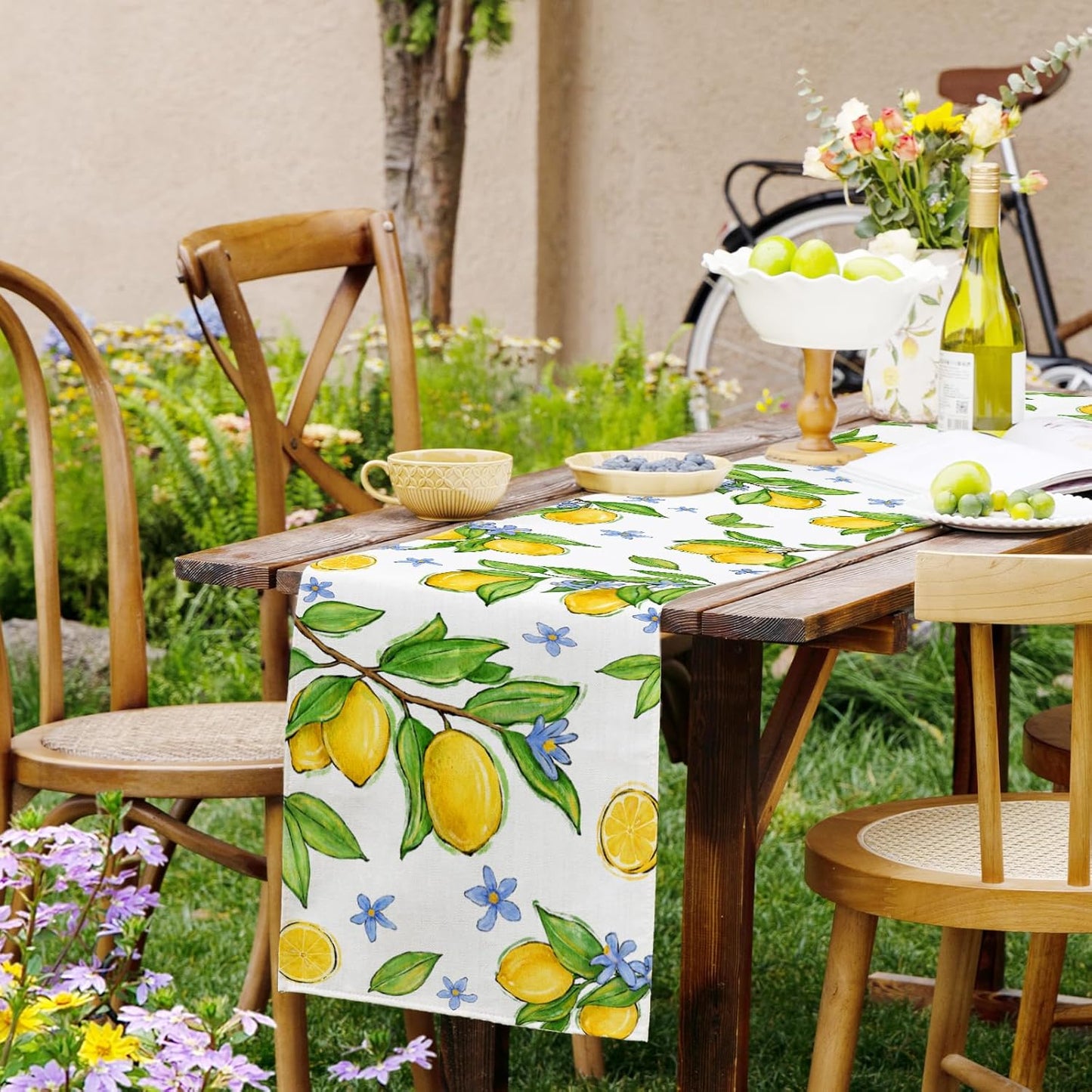 Summer Amalfi Coast Lemon Fruit Table Runner Green Leaves Burlap Table Runners, Blue Floral Seasonal Coffee Table Center Decor for Home Kitchen Dining Party Indoor Outdoor 13x108 Inch
