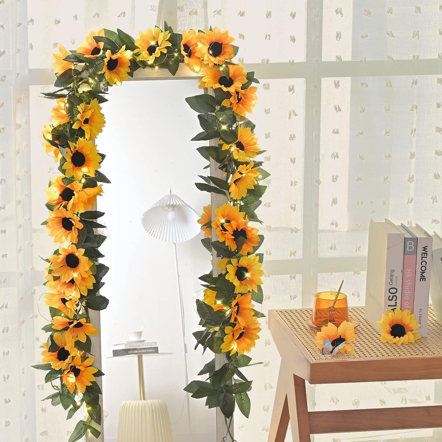 2 Pack Artificial Sunflower Garland Decor, Sunflower Vines Hanging Flowers Garland with Green Leaves, Fake Yellow Floral Vines Room Wedding Party Decoration