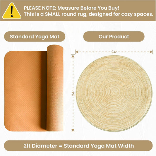 Imitation Jute Low Pile Round Rug Area Rug Washable Non-Slip Circle Rug Soft Plush Touch Circle Rugs Round for Kitchen Bathroom Living Bedroom Nursery, Carpet 2ft /24 inch/61 cm Yellow